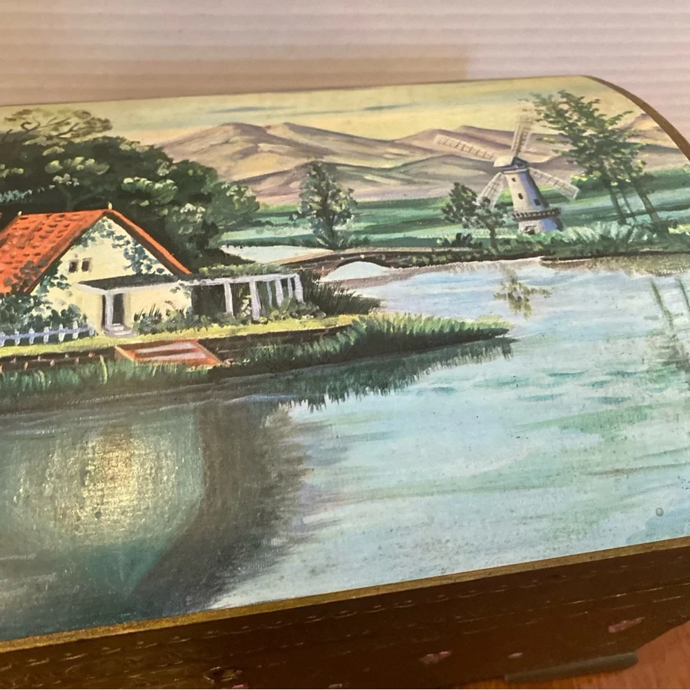 VTG Tislo Japan Hand Painted Wood Musical Jewelry Box 11x6” Works